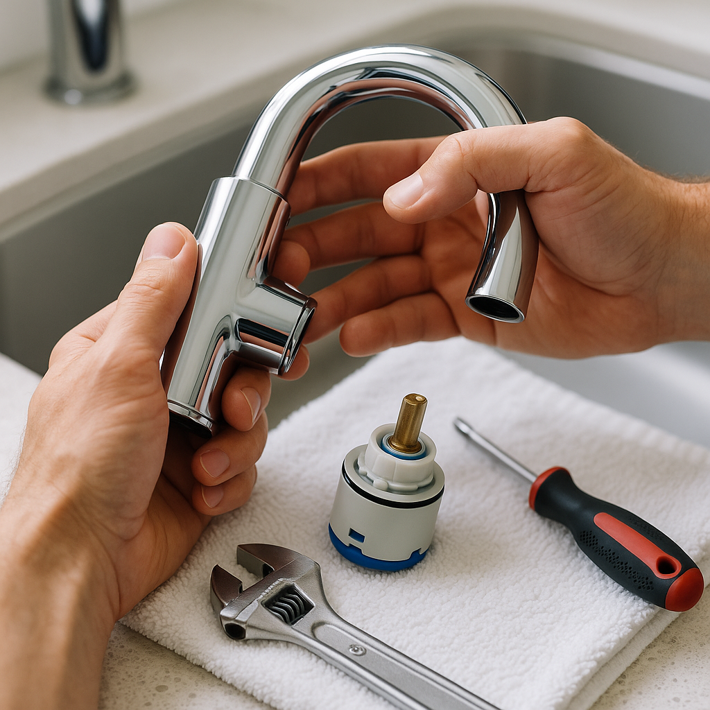Homeowner removing a faucet cartridge to find the right replacement part.